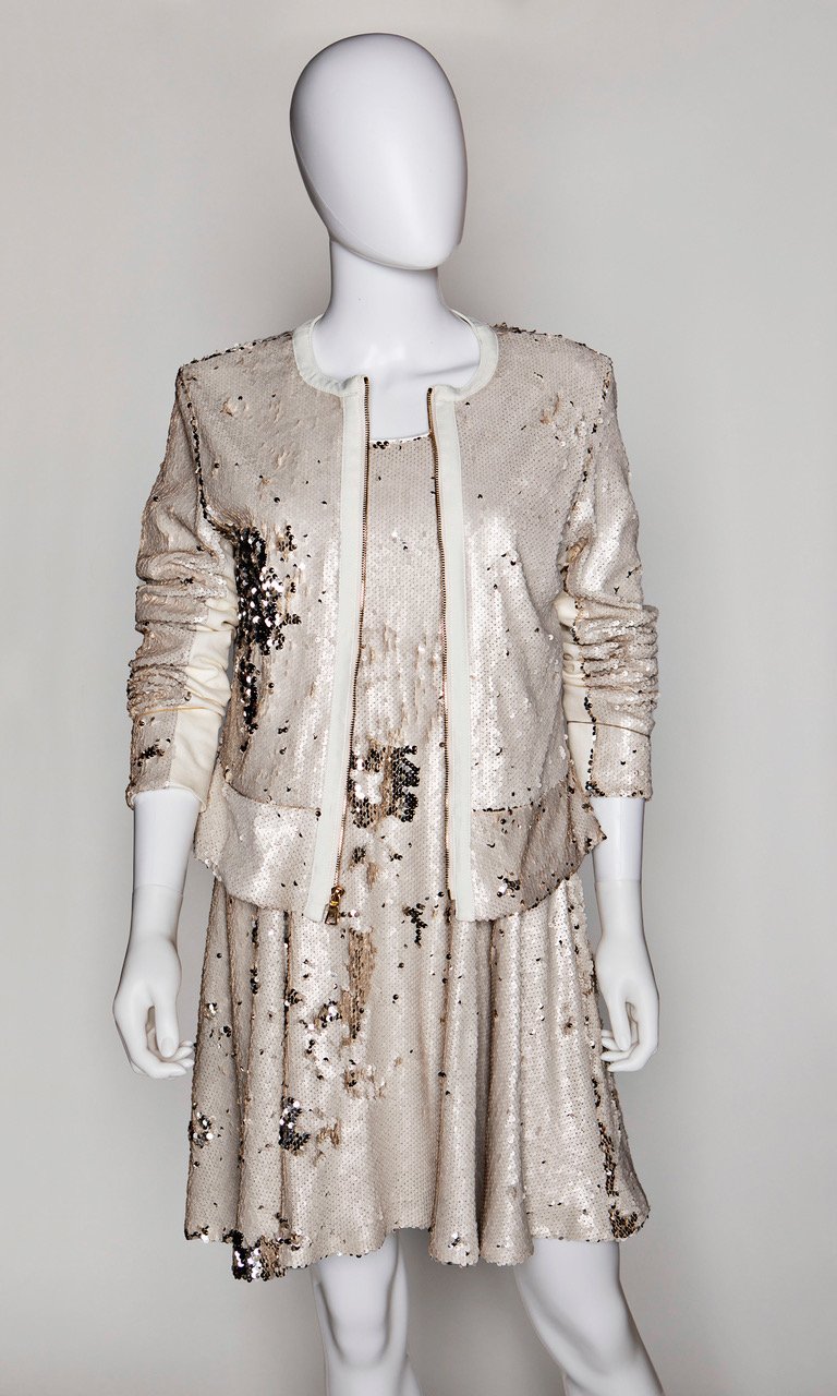 Pellone Champagne Sequin Sleeveless Swing Dress and Matching Jacket Shannon s Kiss Me Kate Boutique
